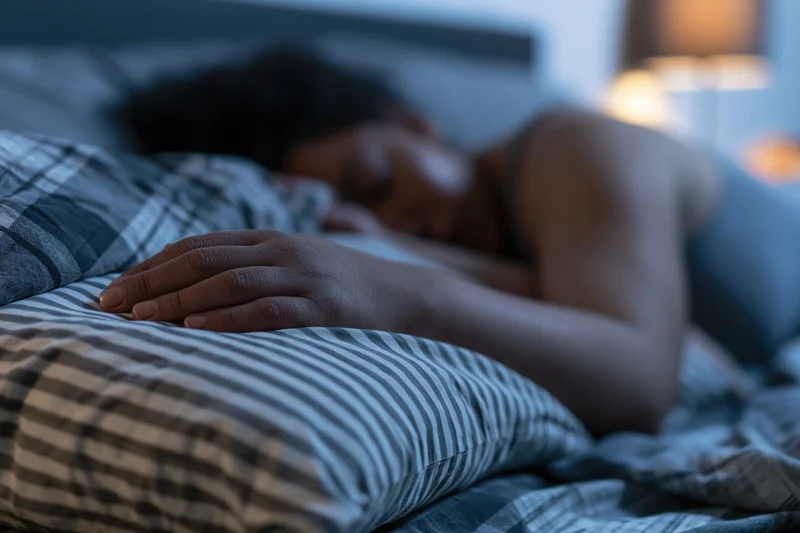 Woman sleeping peacefully in bed at night with hand resting on pillow
