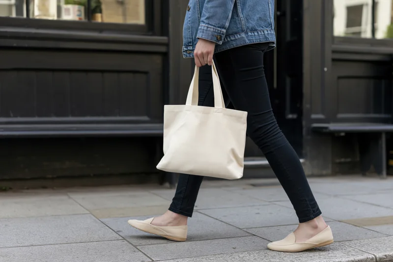 Woman walking on a paved street holding a plain blank canvas tote bag