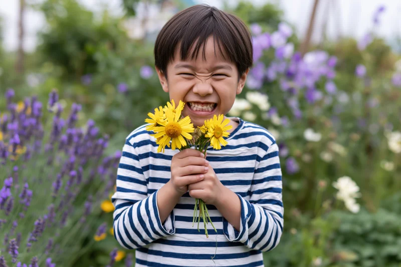 Young asian boy laughing while holding a small bouquet of yellow daisies in a garden