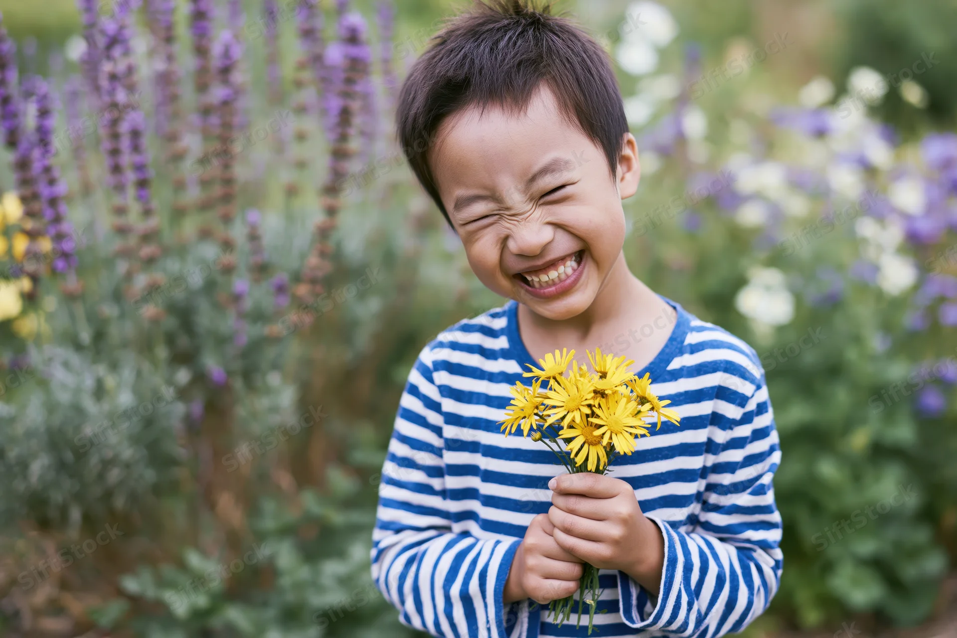 Young asian boy laughing while holding a small bouquet of yellow daisies in a garden