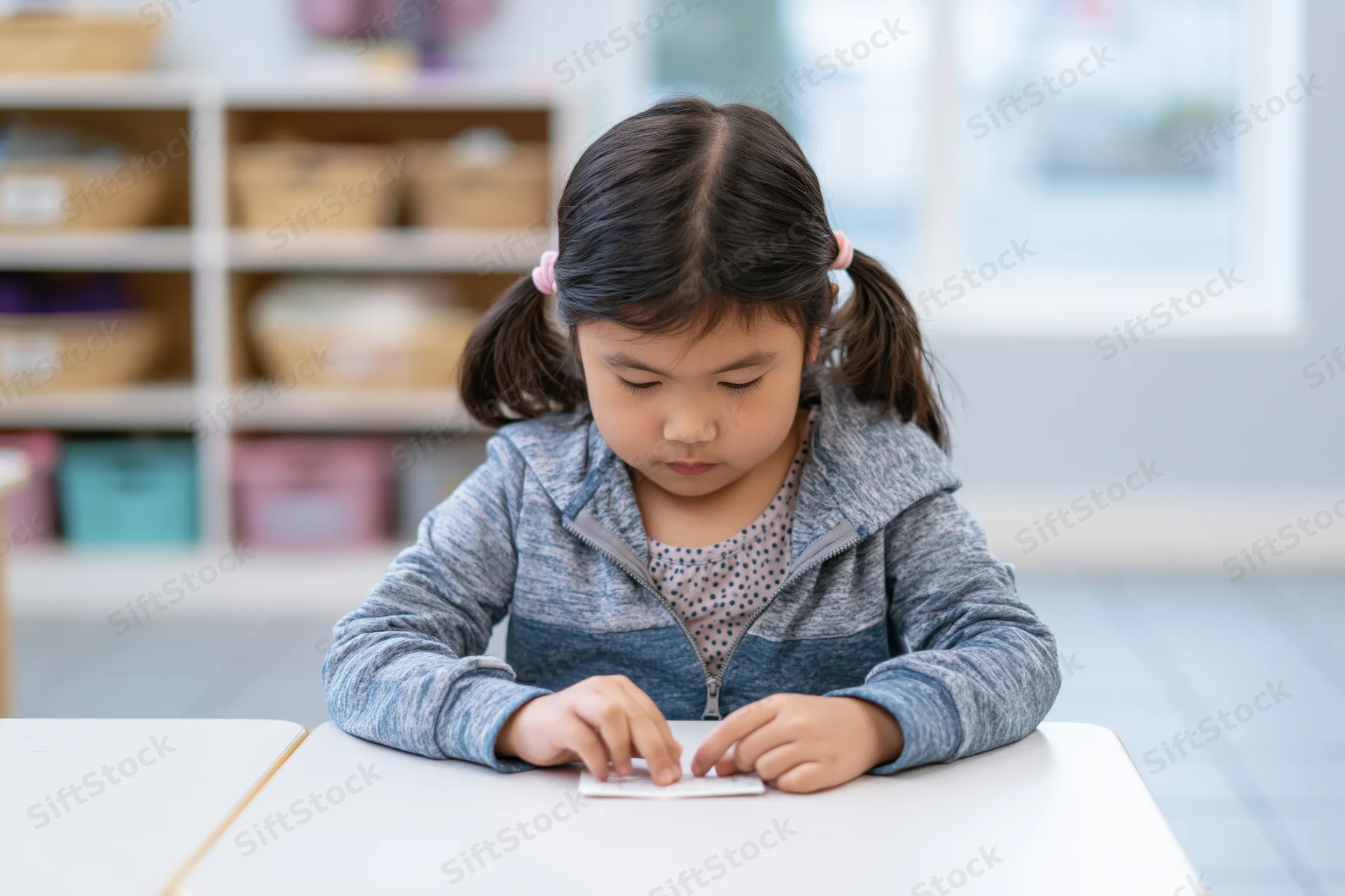 Young asian girl concentrating on a paper task at a white table in a classroom