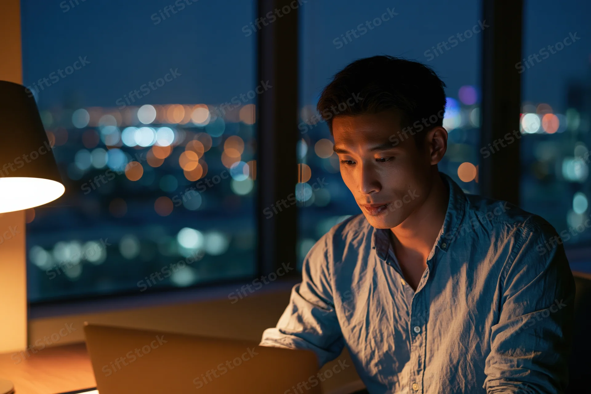 Young asian man working on laptop at desk by window with city lights at night