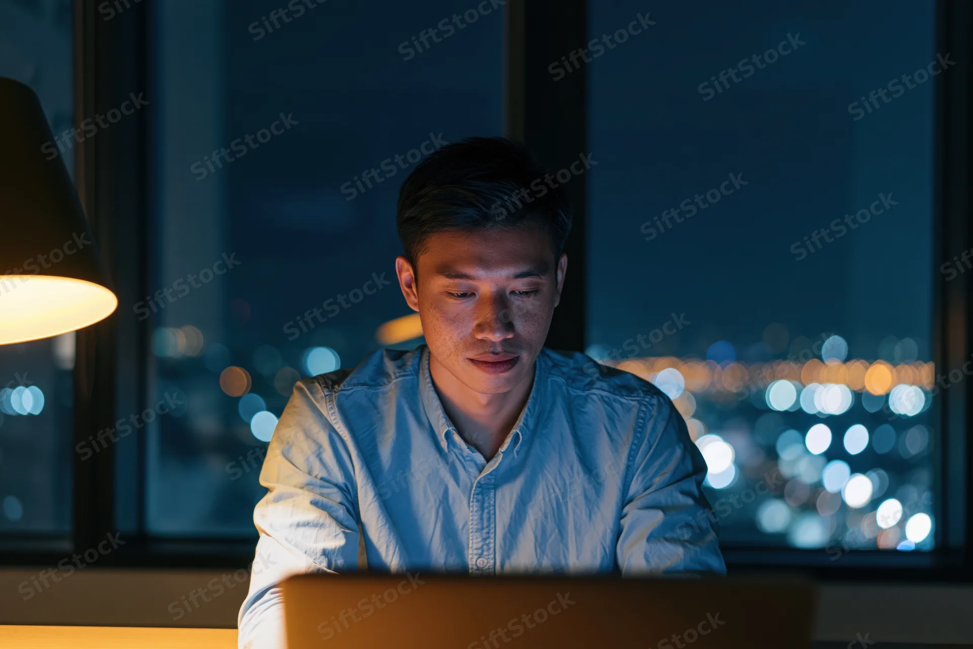 Young asian man working on laptop at desk by window at night