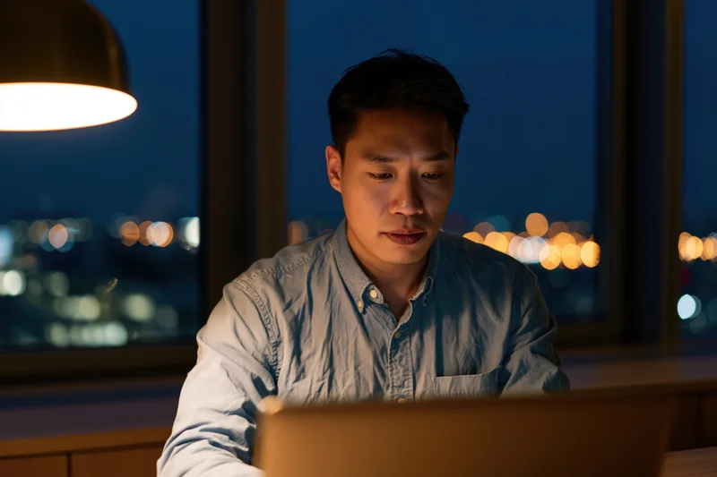 Asian man working on laptop at desk by window at night