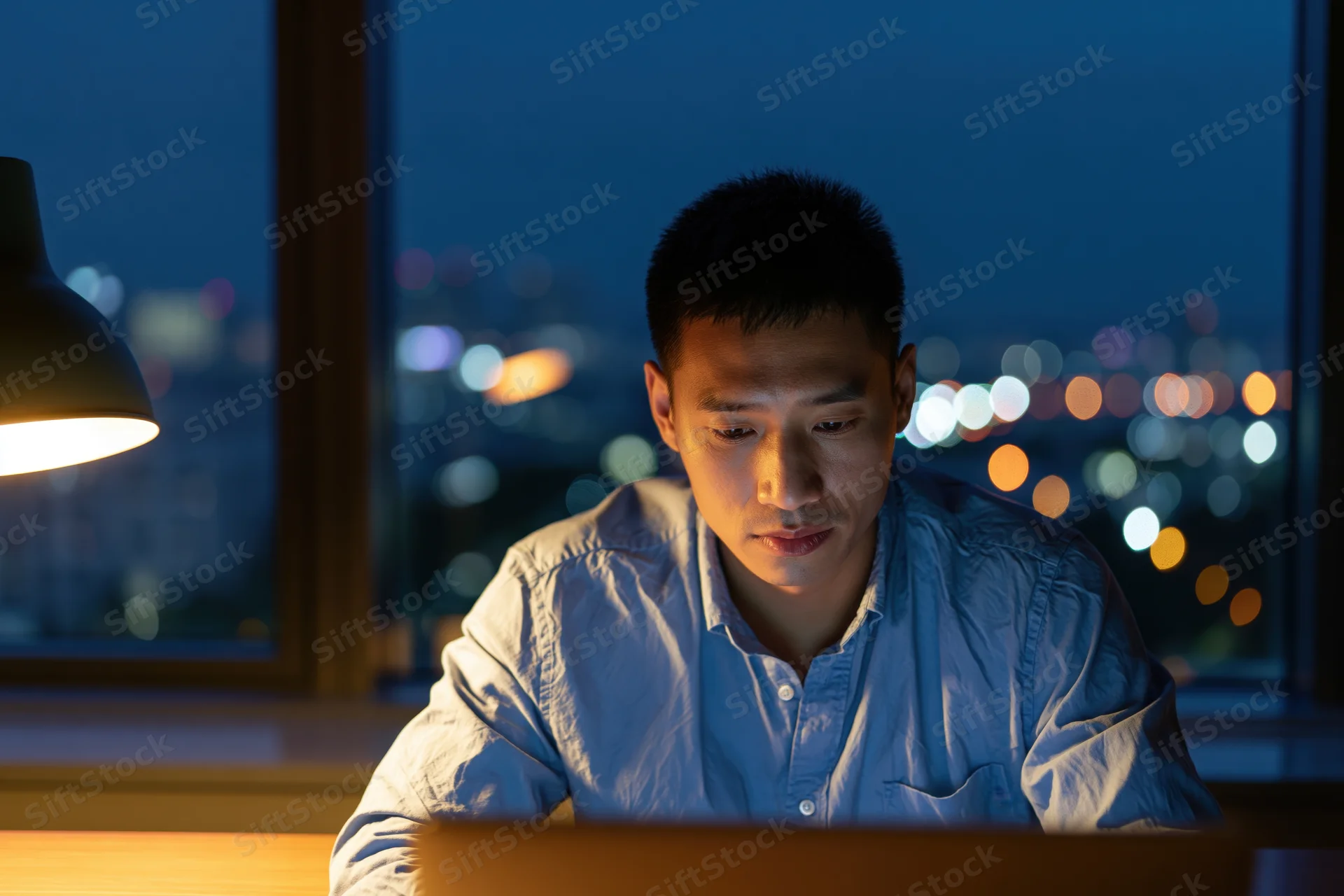 Asian man working on laptop at desk by window at night