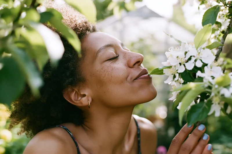 Young black woman with natural afro smelling white blossoms in a spring garden