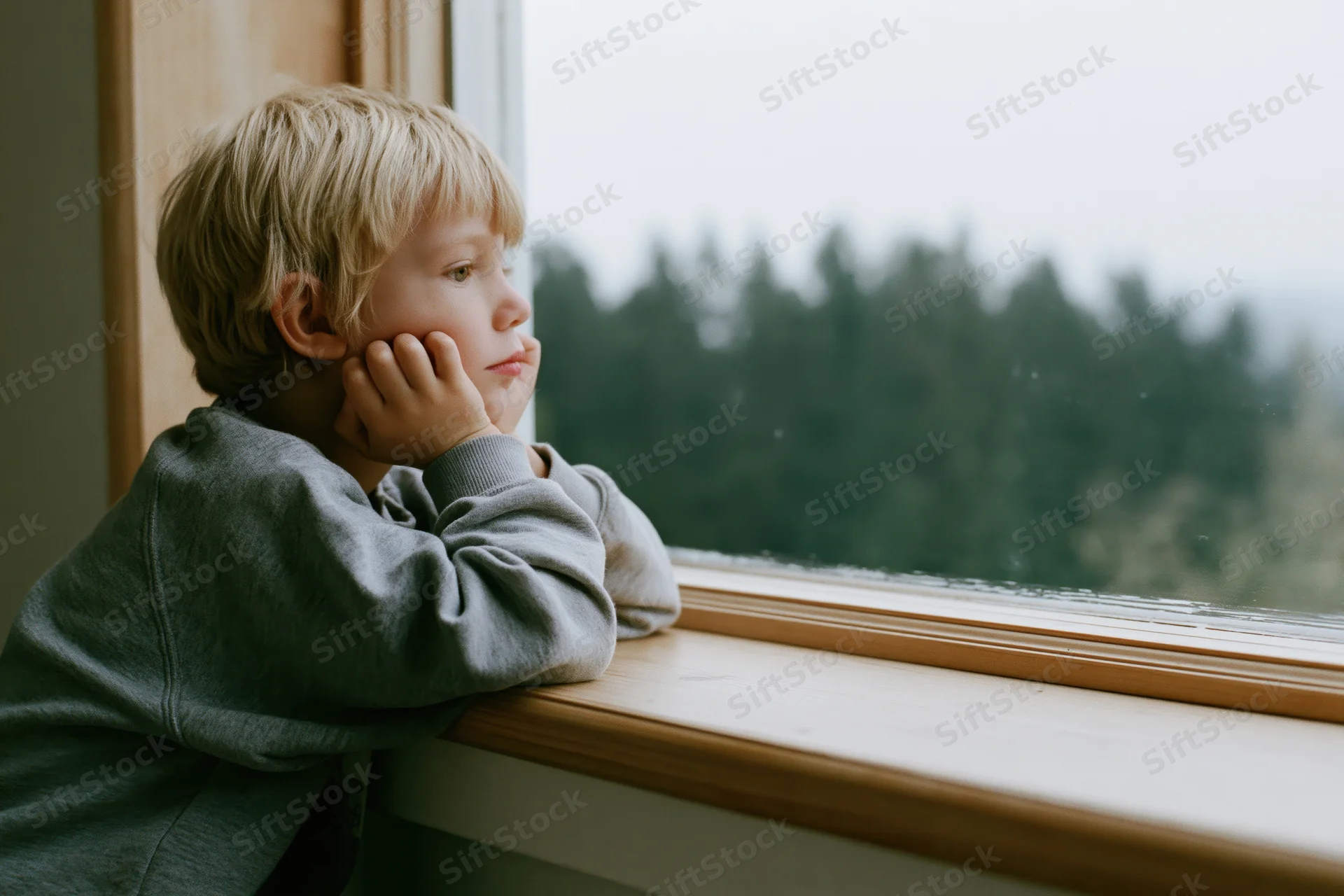 Young blonde boy leaning on wooden windowsill gazing out at forest view