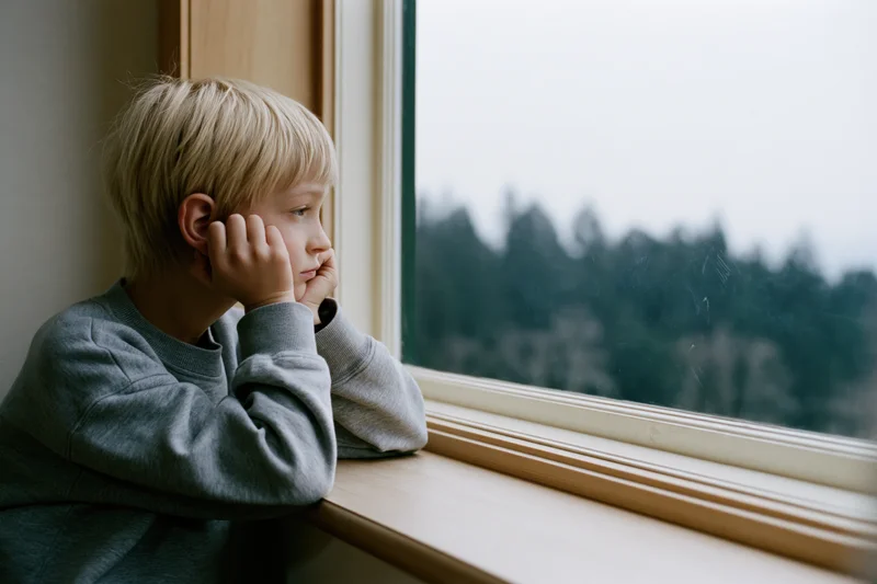 Young blonde boy leaning on wooden windowsill looking out at forested landscape