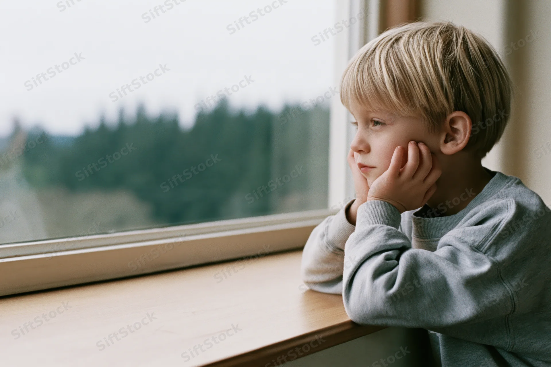 Young blonde boy gazing out window from wooden windowsill indoors