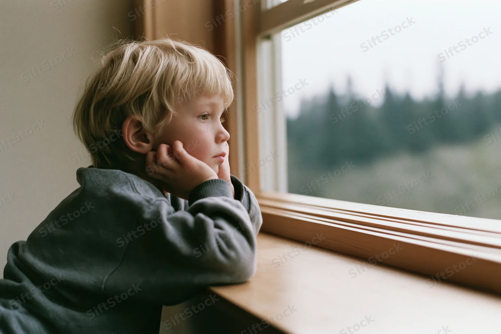 Young blonde boy gazing out window from wooden windowsill indoors
