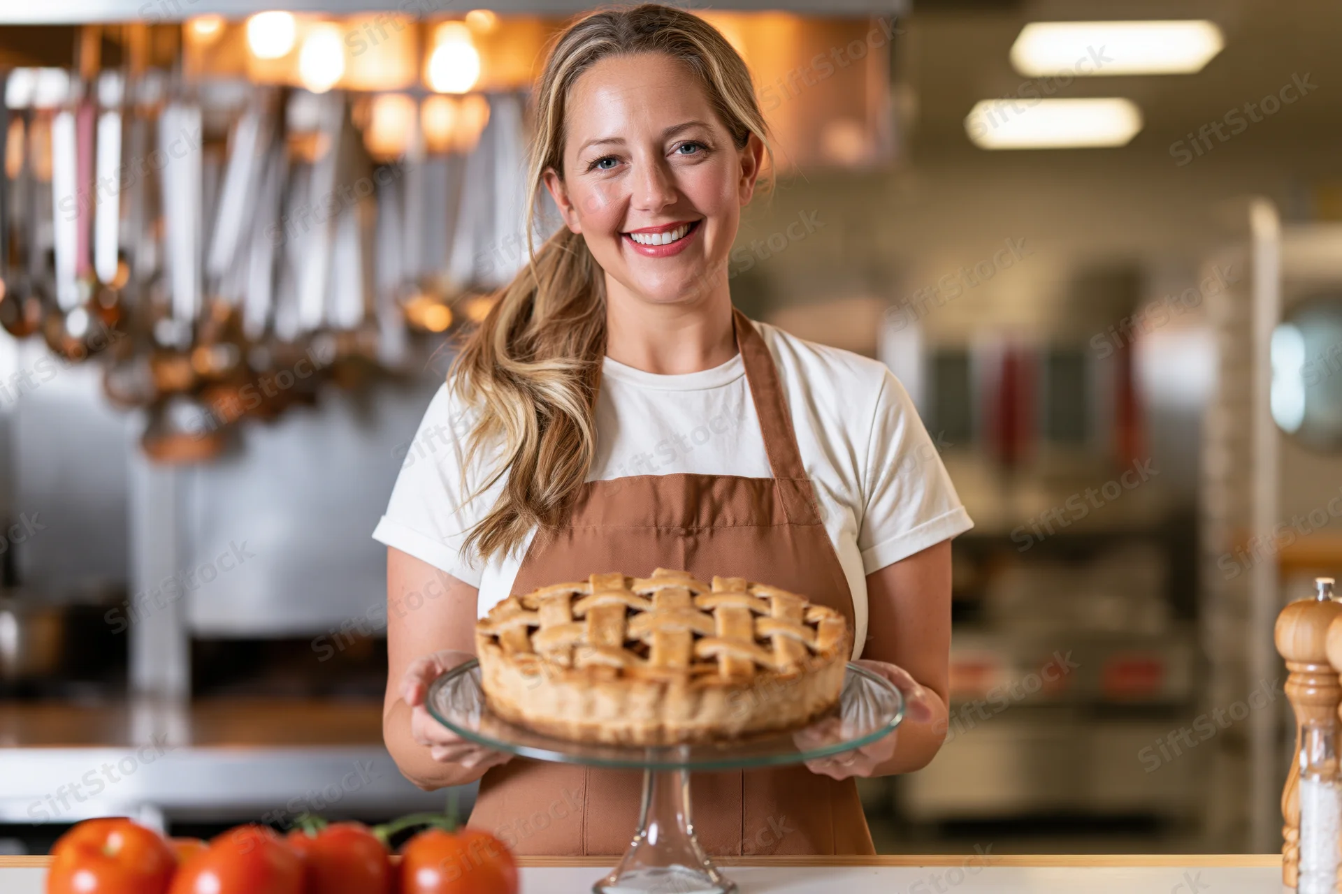 Woman chef smiling while holding a lattice-top pie on a glass stand in a professional kitchen