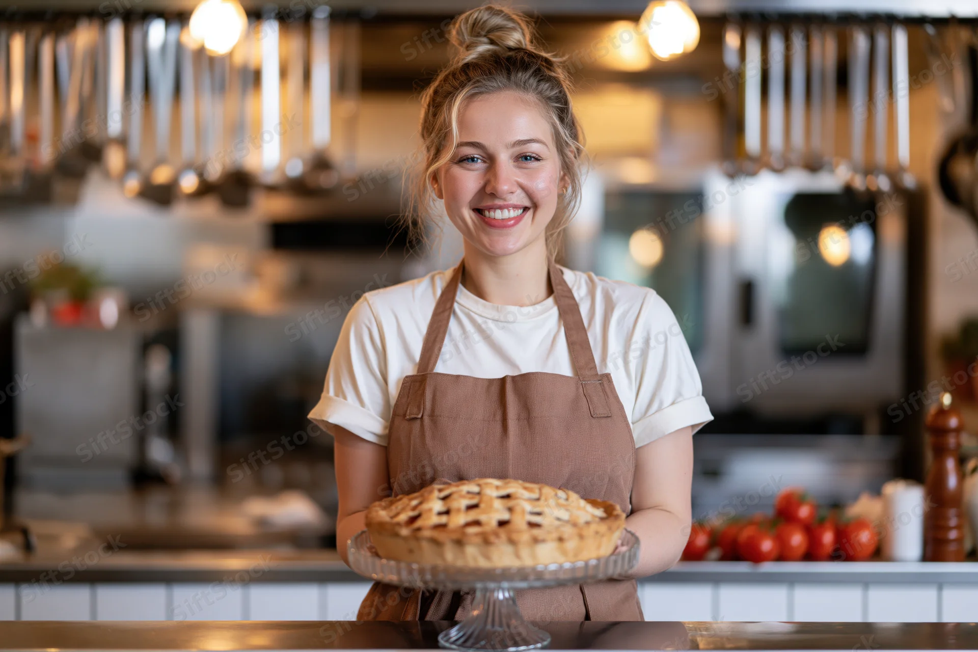 Woman chef smiling while presenting a lattice-top pie in a kitchen
