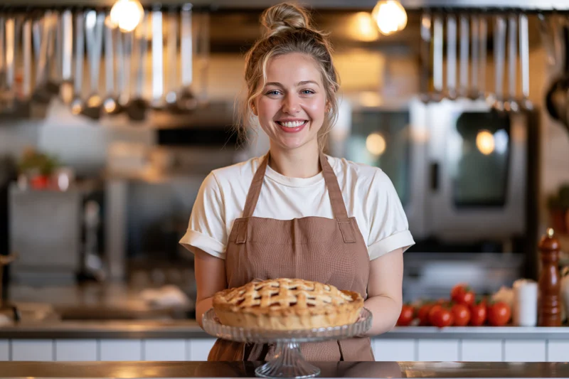 Woman chef smiling while presenting a lattice-top pie in a kitchen
