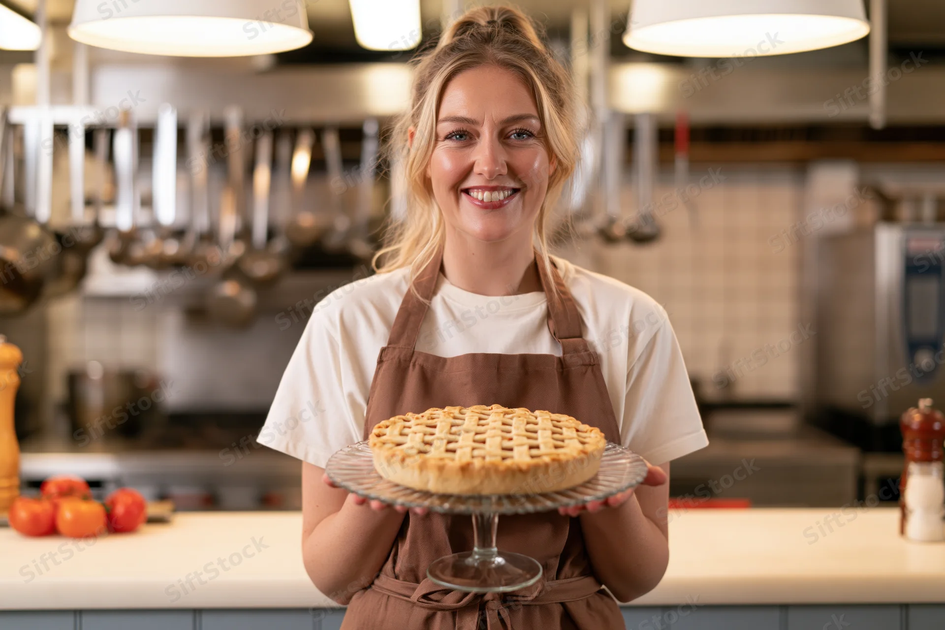 Woman chef smiling while holding a lattice-top pie on a glass stand in a professional kitchen