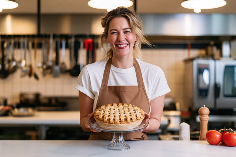 Woman chef smiling while holding a lattice-top pie on a glass stand in a professional kitchen
