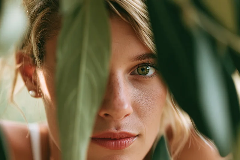 Young blonde woman peering through olive tree branches in a garden