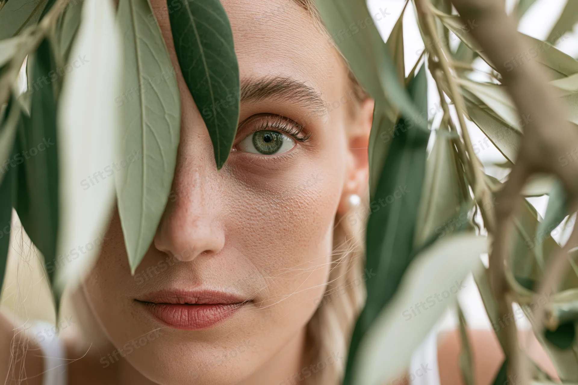Blonde woman peering through olive tree branches with leaves framing her face