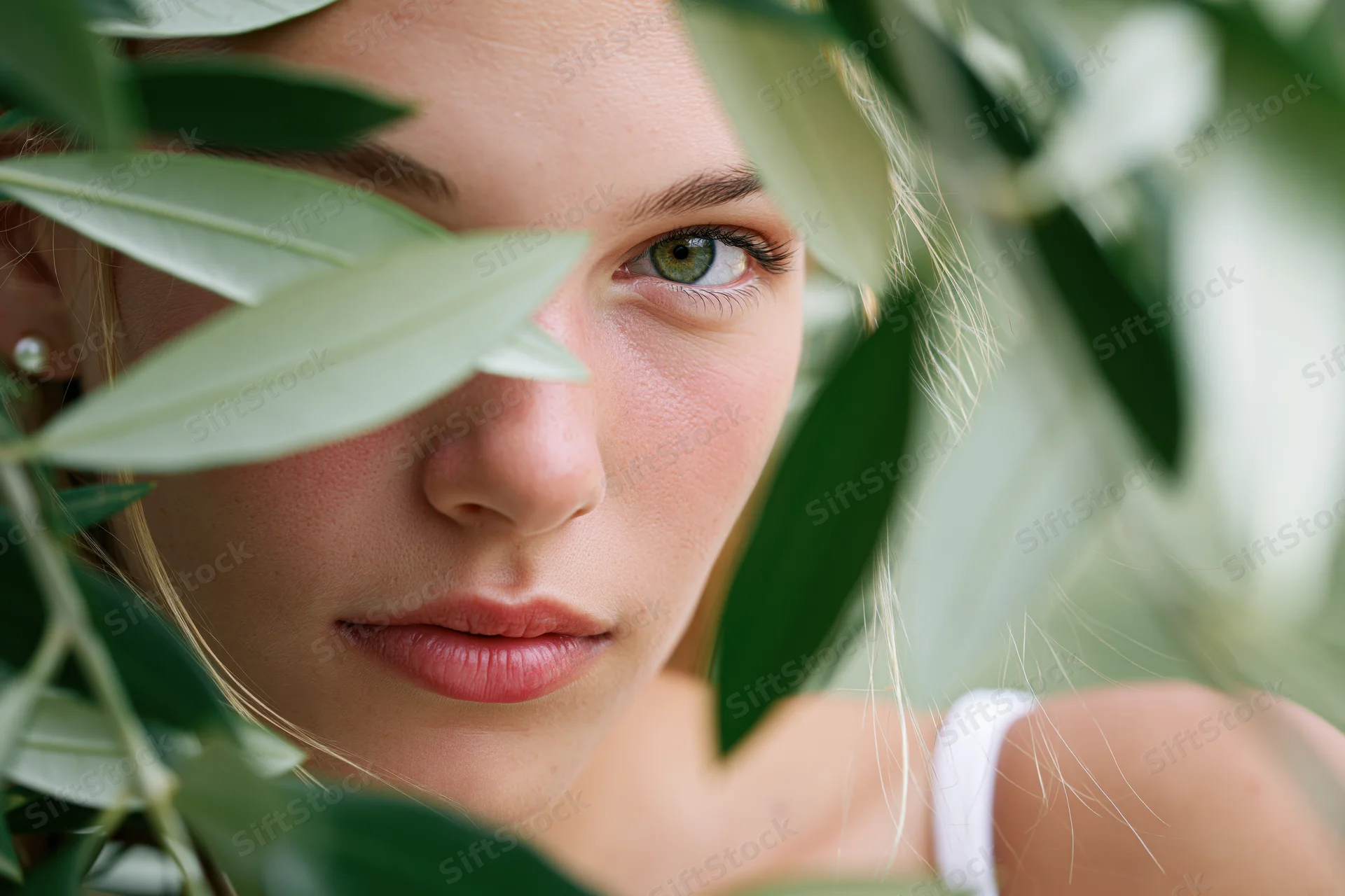 Young blonde woman peering through olive tree branches with green leaves framing her face