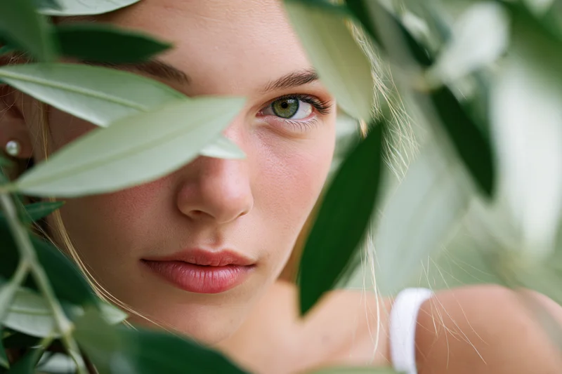 Young blonde woman peering through olive tree branches with green leaves framing her face