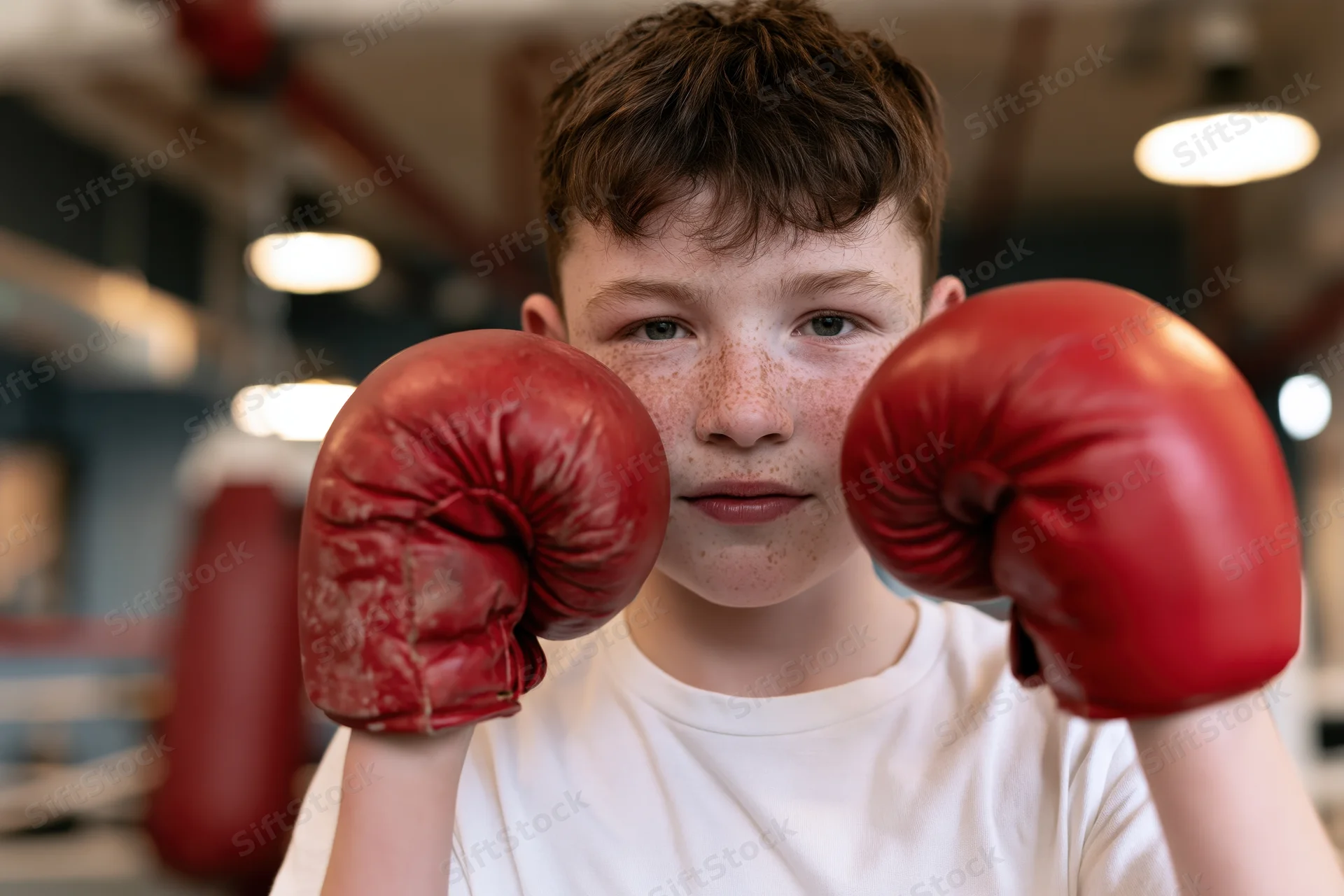 Young boy in defensive boxing stance with red gloves raised in a gym