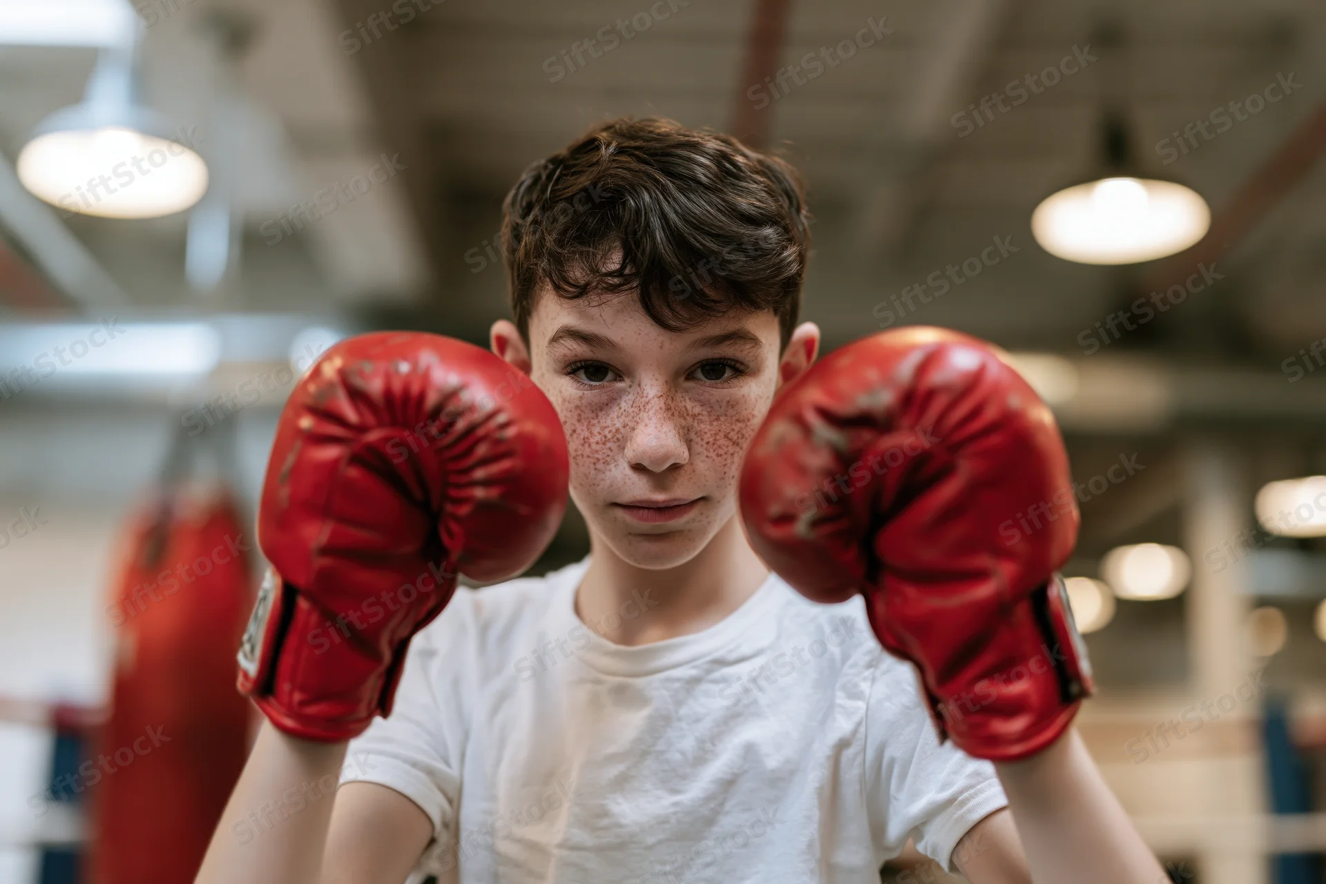 Young boy in defensive boxing stance with red gloves raised in a gym