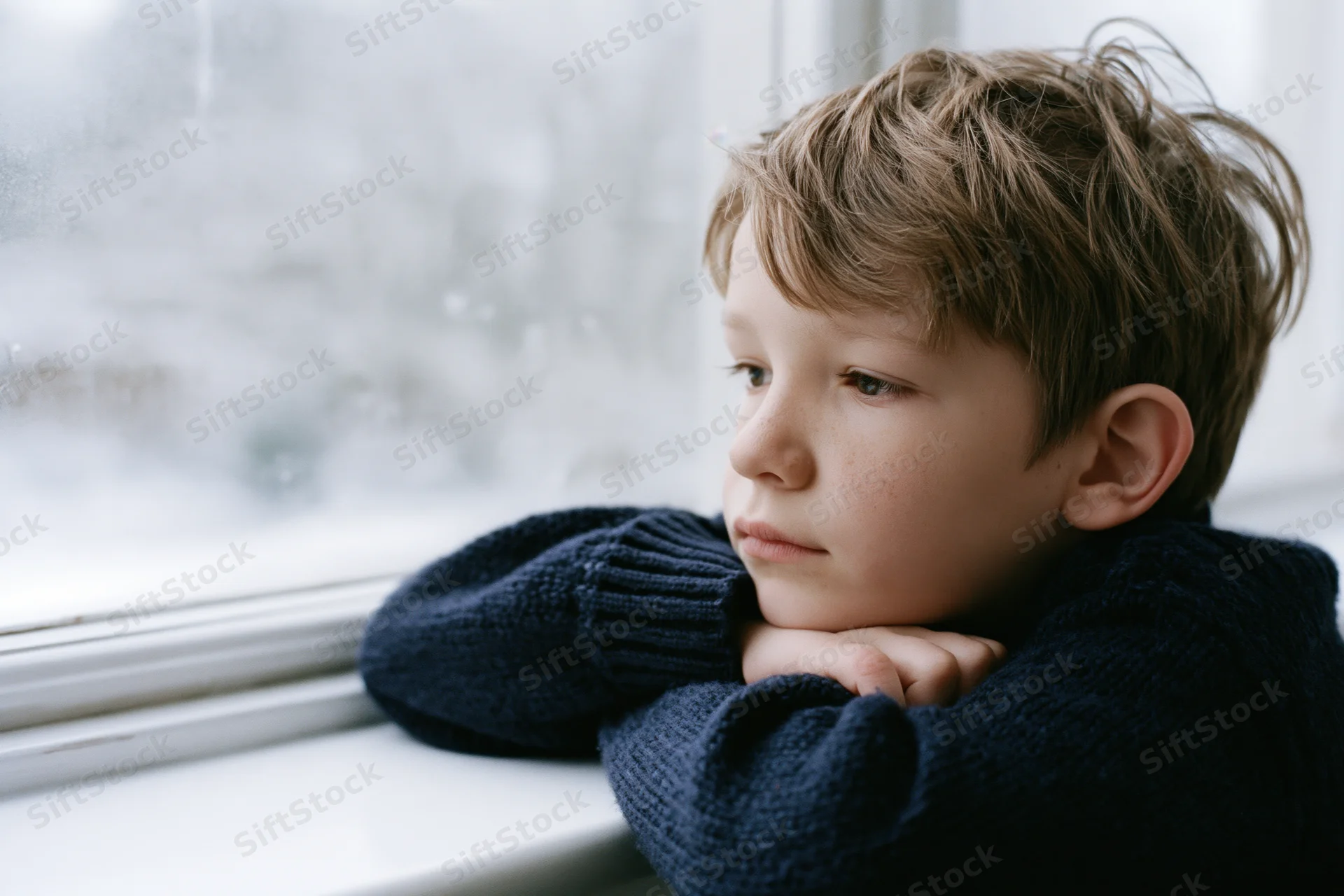 Young boy resting arms on white windowsill gazing out at snowy scene
