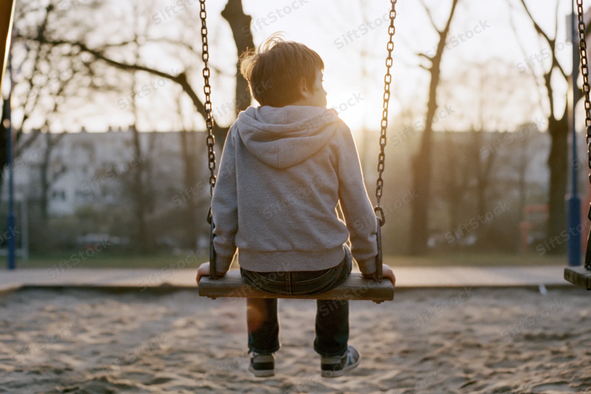 Young boy sitting alone on a wooden swing in a park at sunset