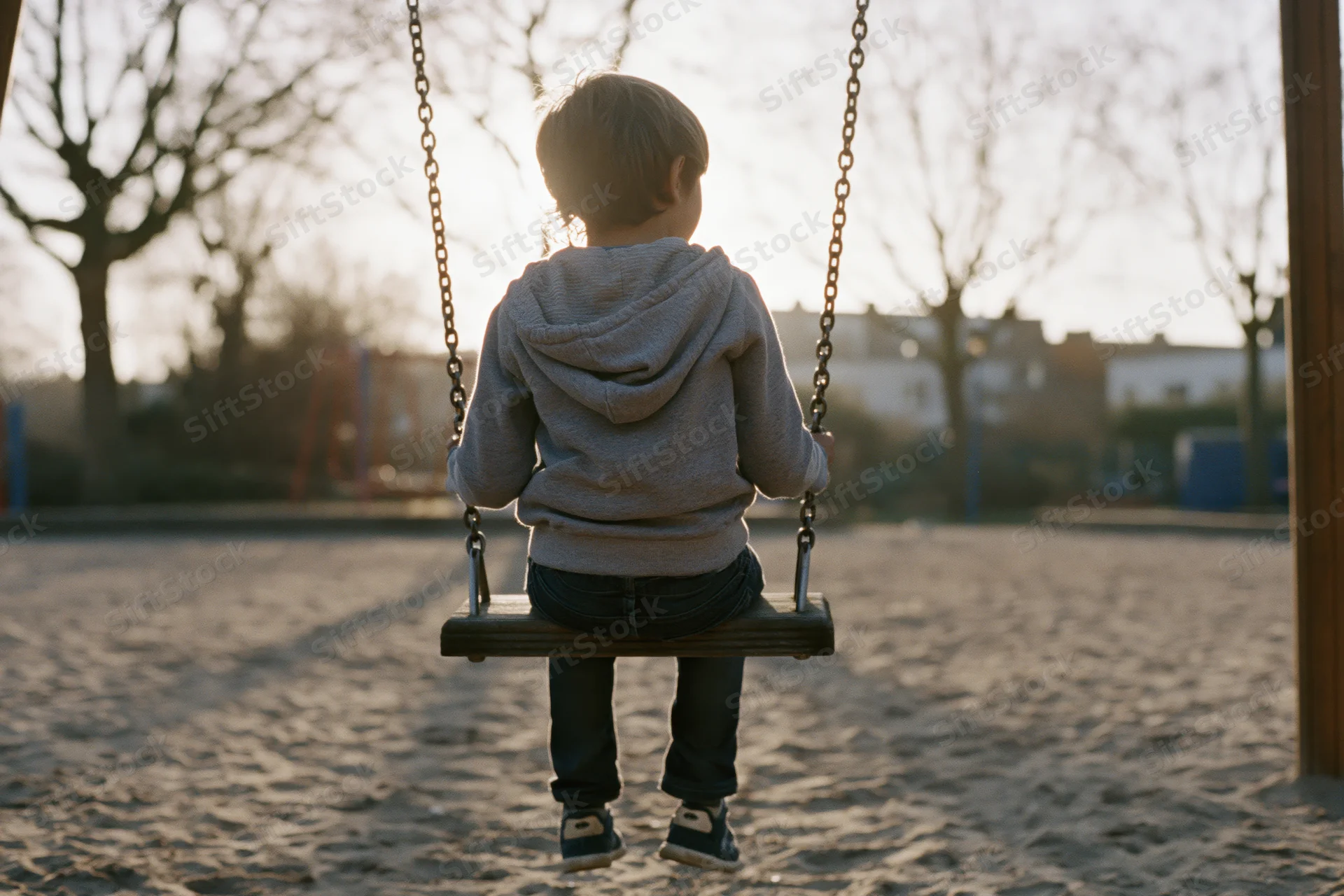 Young boy sitting alone on a wooden swing in a playground at sunset