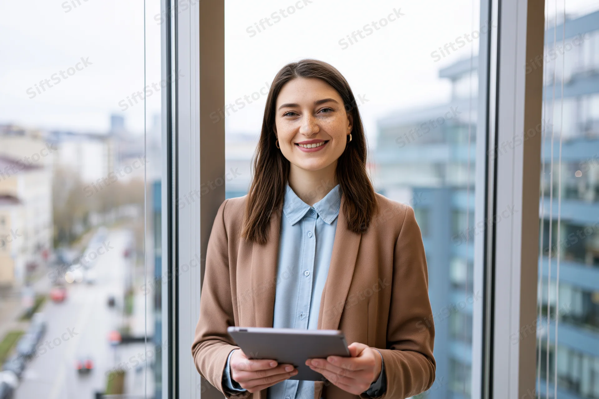 Young businesswoman holding tablet and smiling at camera by office window