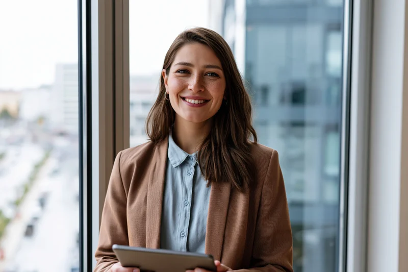 Young businesswoman smiling while holding tablet in office near window