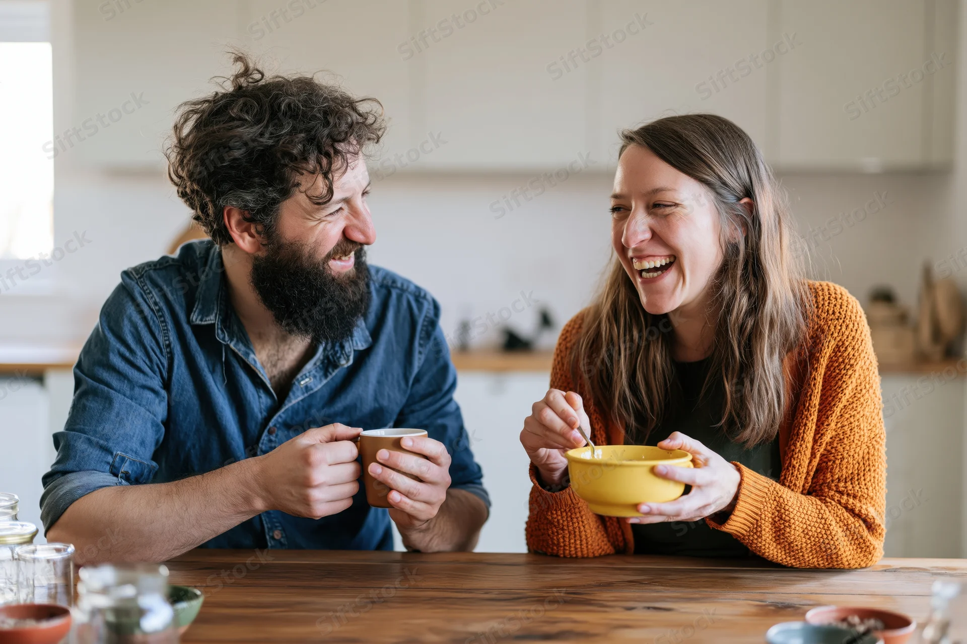 Young couple laughing and sharing breakfast at a wooden kitchen table