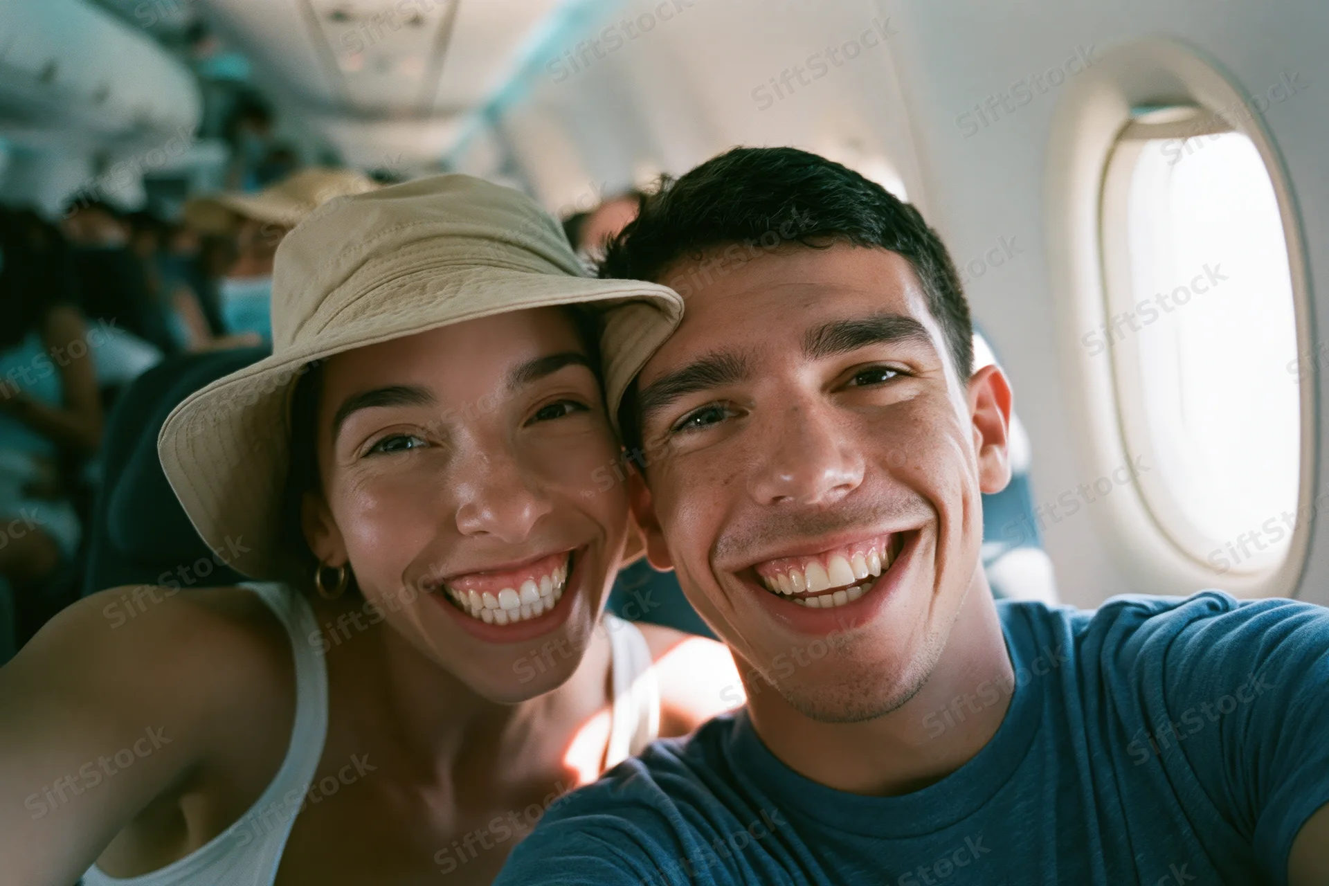Young couple taking a selfie inside an airplane cabin smiling at the camera