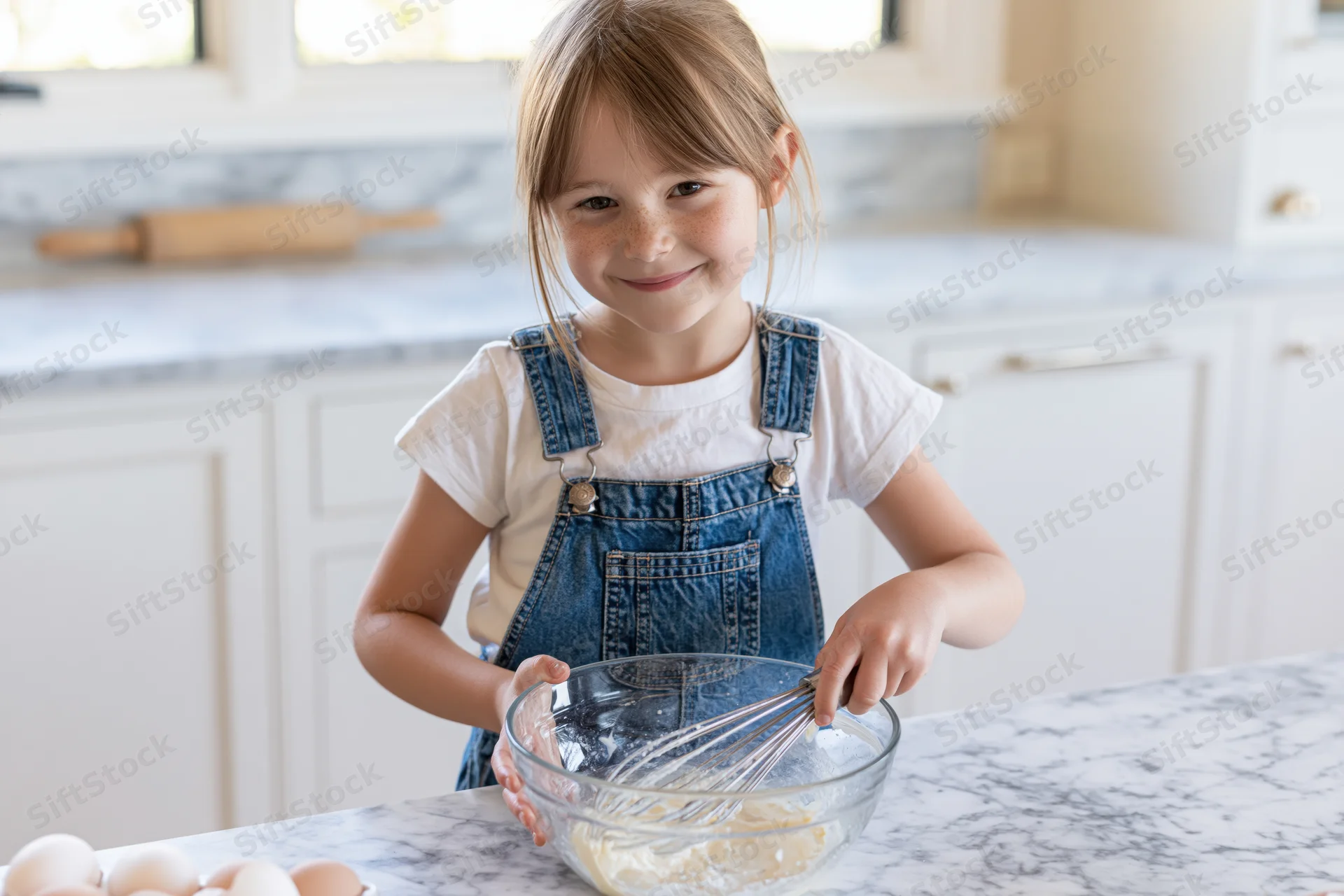 Young girl whisking batter in a glass bowl on a marble countertop in a bright kitchen