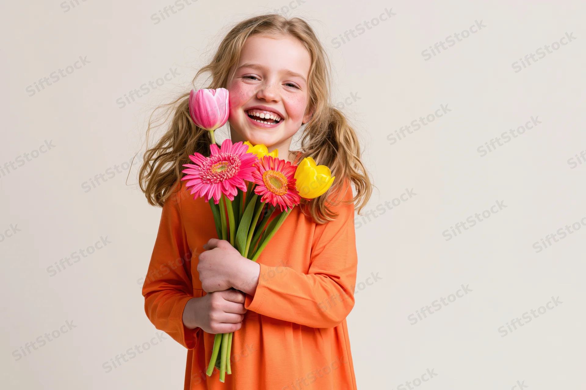 Young girl smiling brightly while holding a bouquet of colorful flowers in a studio setting