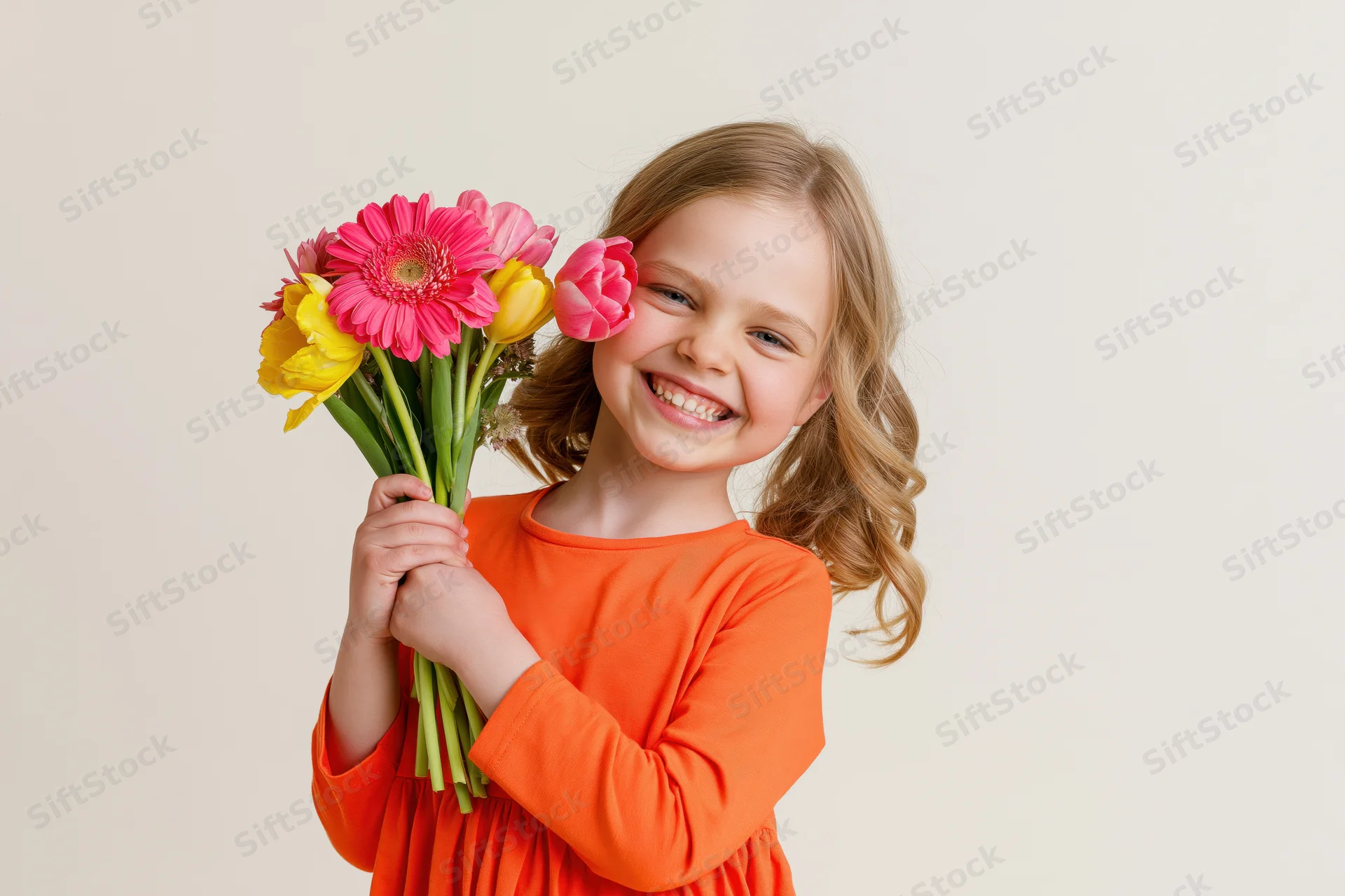 Young girl smiling brightly while holding a bouquet of pink and yellow flowers in a studio setting