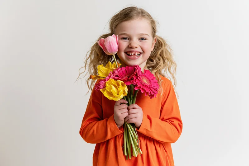 Young girl smiling brightly while holding a colorful bouquet of flowers in an orange dress against a white background