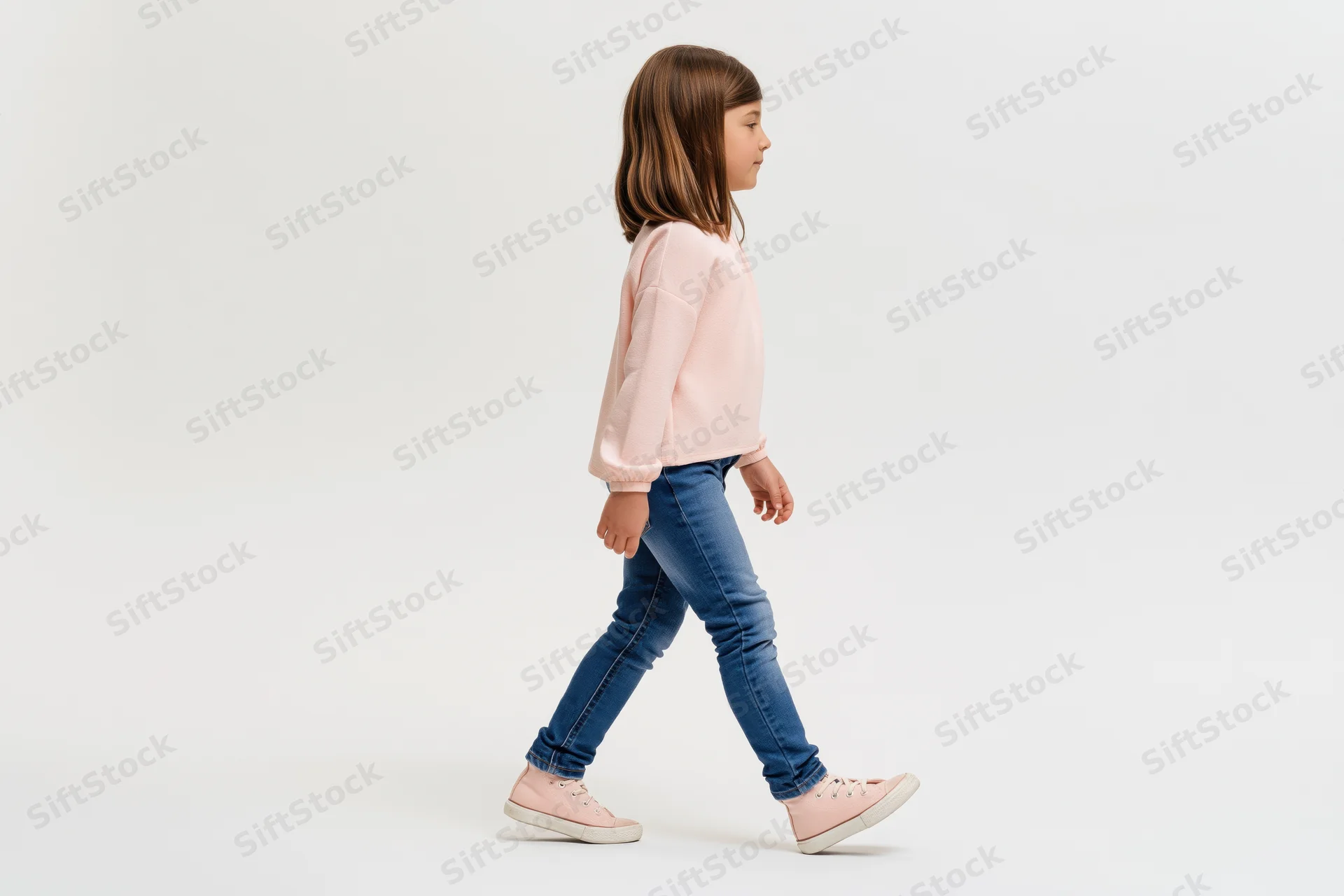 Young girl walking in profile midstride against white background