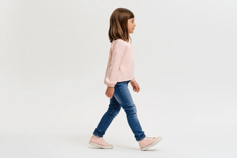 Young girl walking in profile midstride against white background