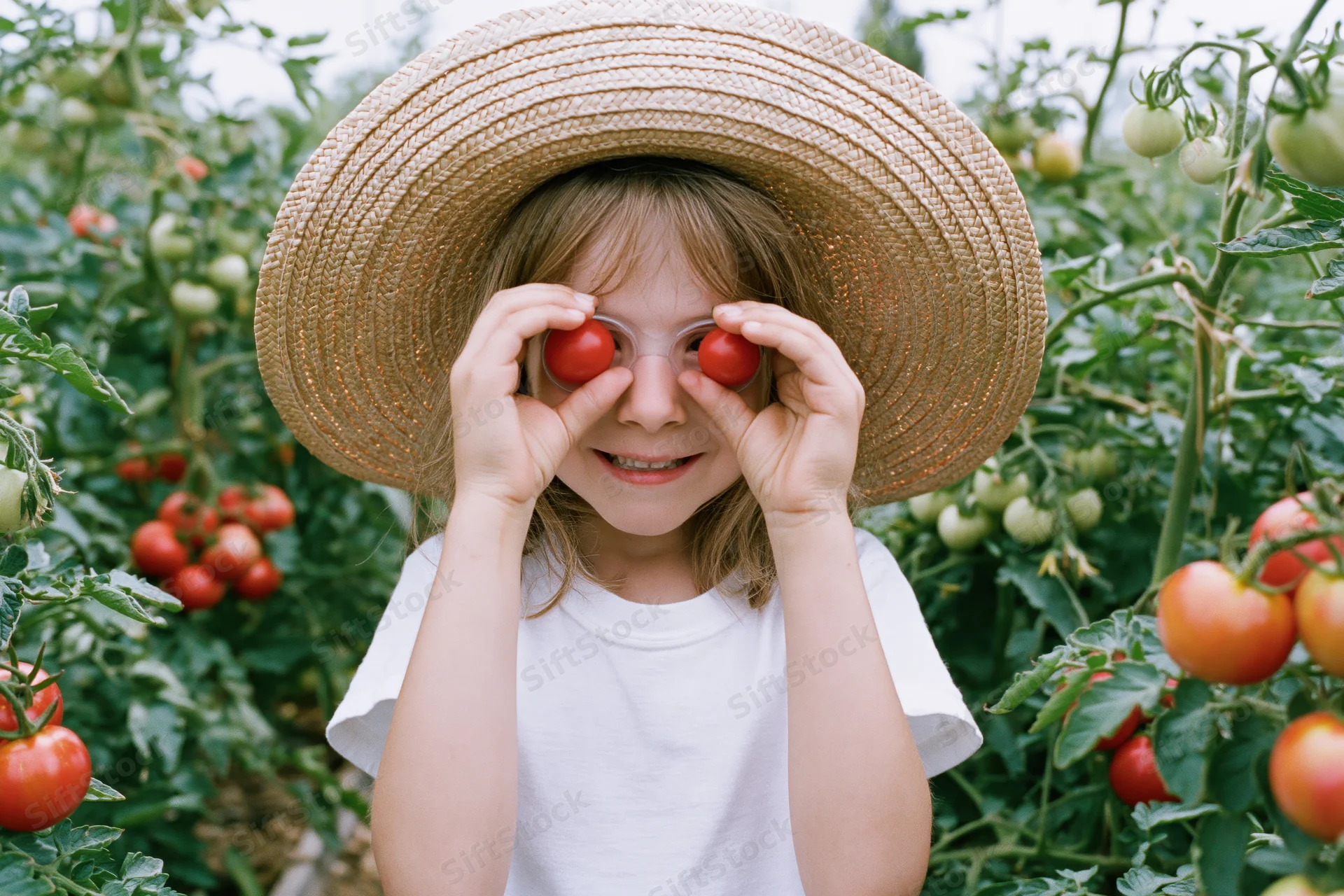 Young girl holding ripe tomatoes over her eyes in a tomato garden