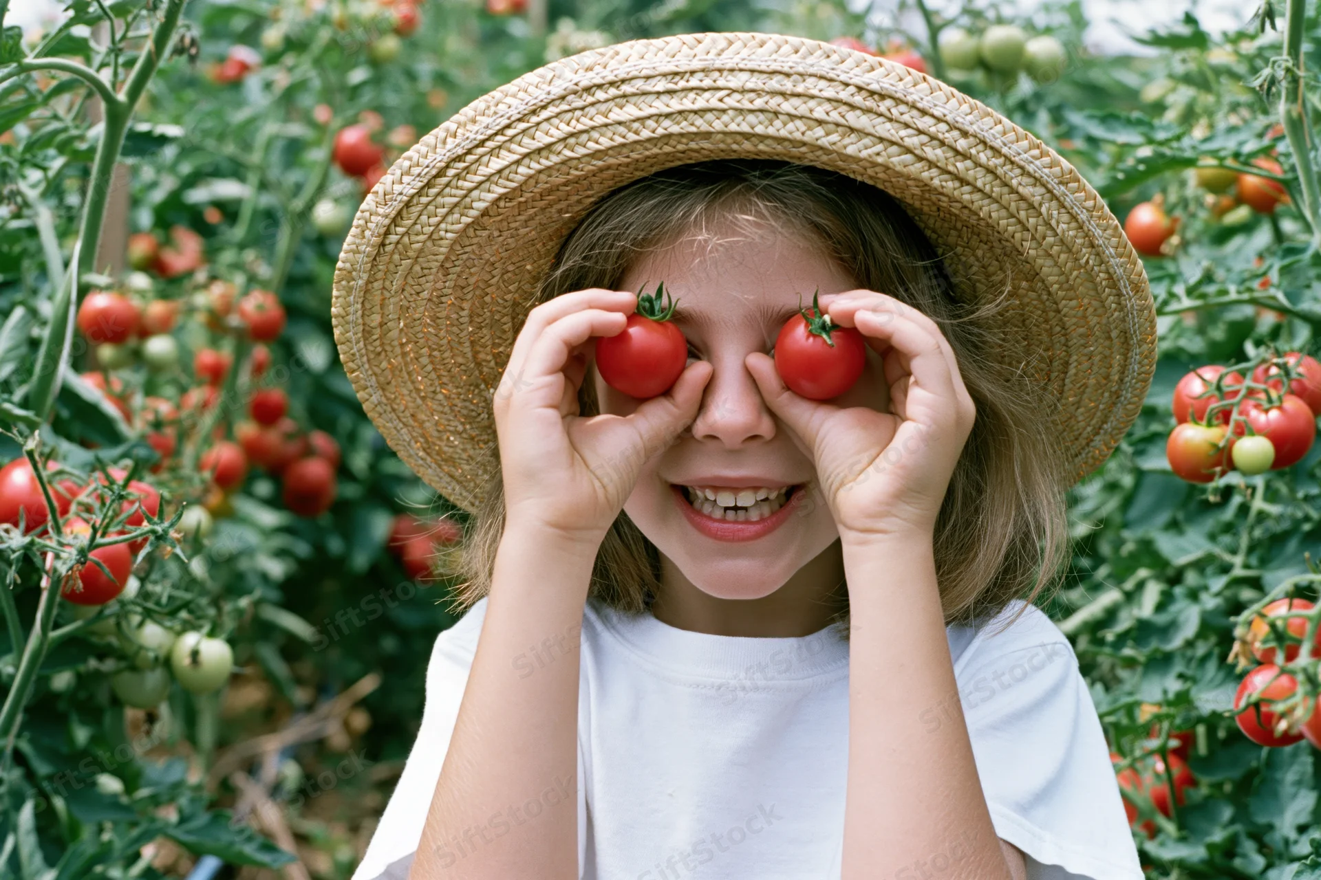 Young girl holding ripe red tomatoes over her eyes in a tomato garden
