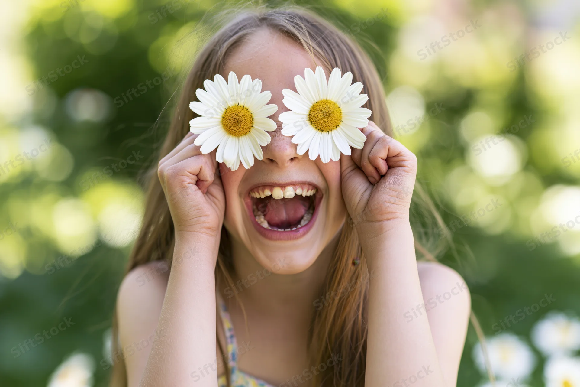 Young girl laughing with daisies over her eyes in a sunlit garden