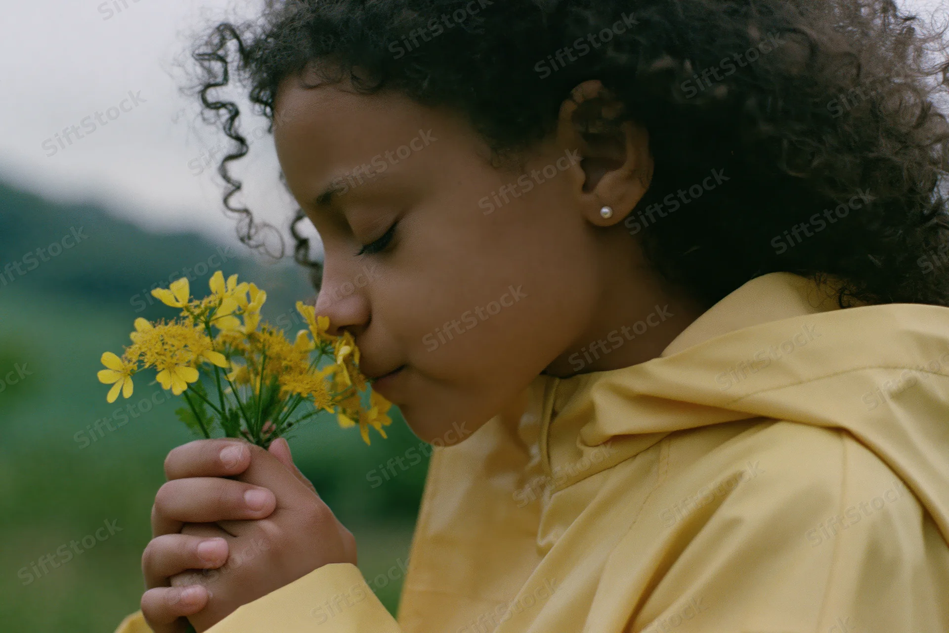 Young girl with curly dark hair smelling a small bunch of yellow wildflowers in a green field