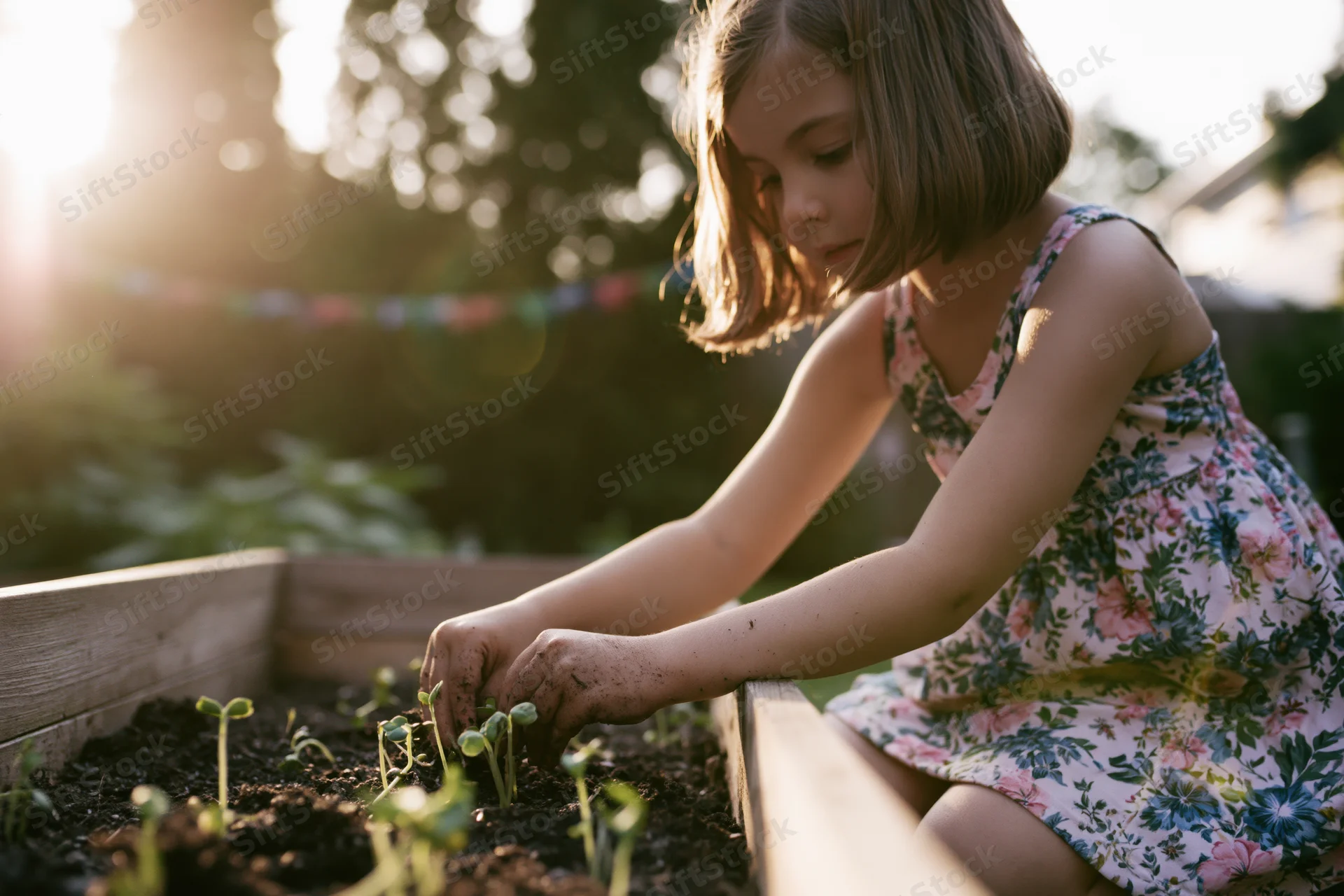 Young girl planting seedlings in a wooden raised garden bed outdoors in sunlight