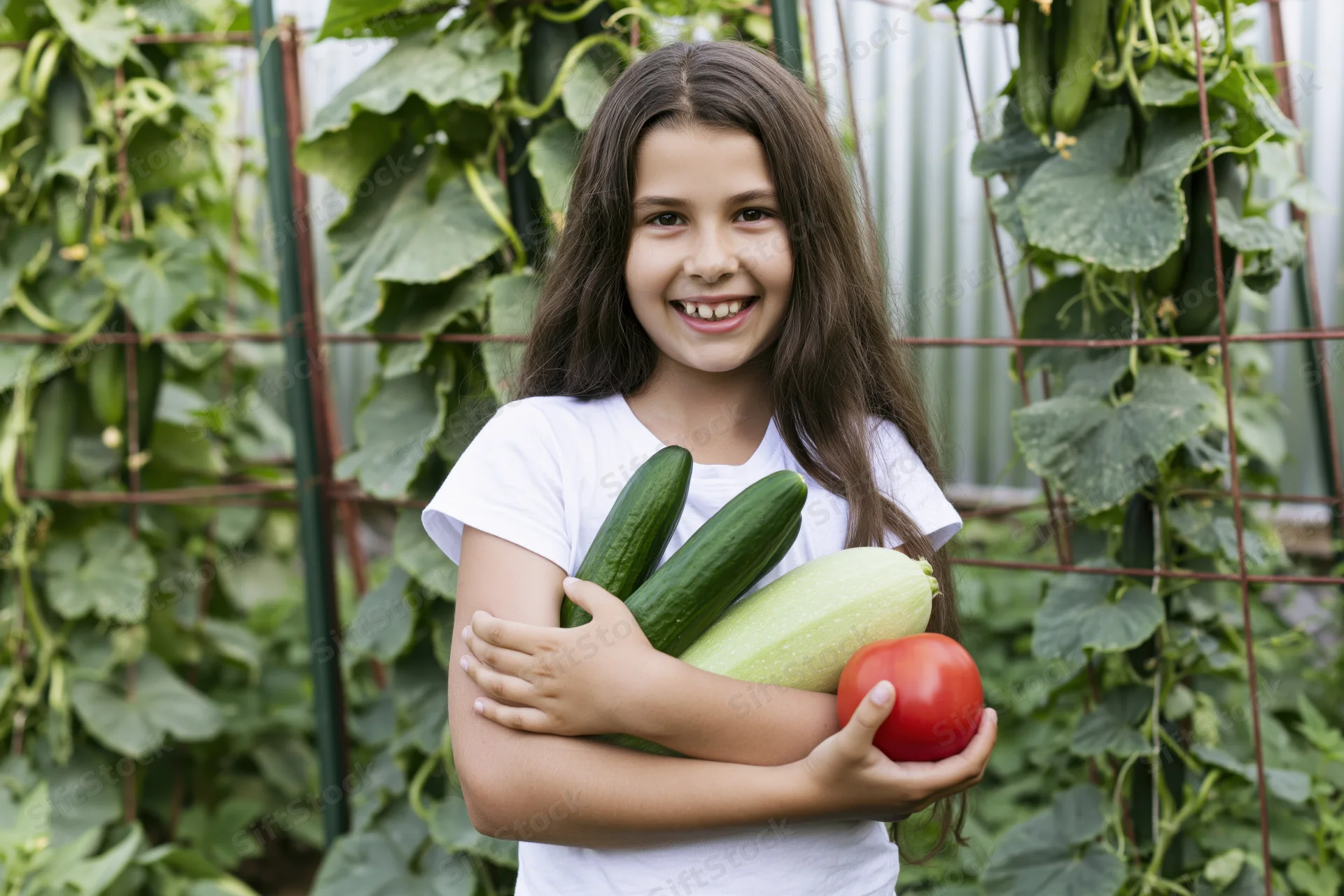Girl holding cucumbers, zucchini and tomato in a vegetable garden