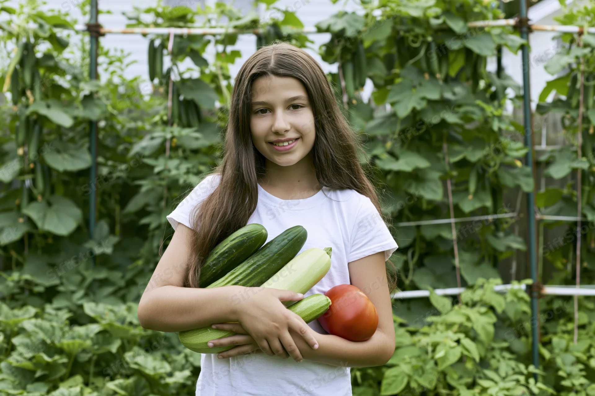 Girl holding zucchini and tomato in a garden with vines and trellis behind her