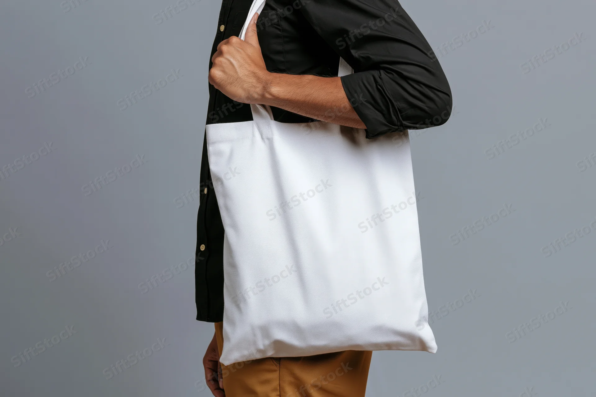 Man holding blank white canvas tote bag over shoulder in studio setting