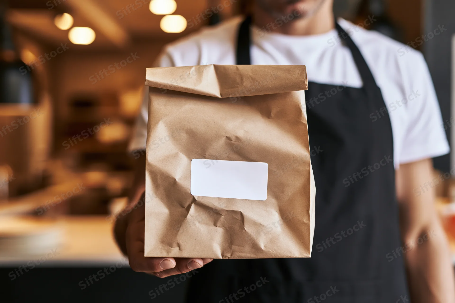 Man in black apron holding brown paper bag with white label in cafe interior