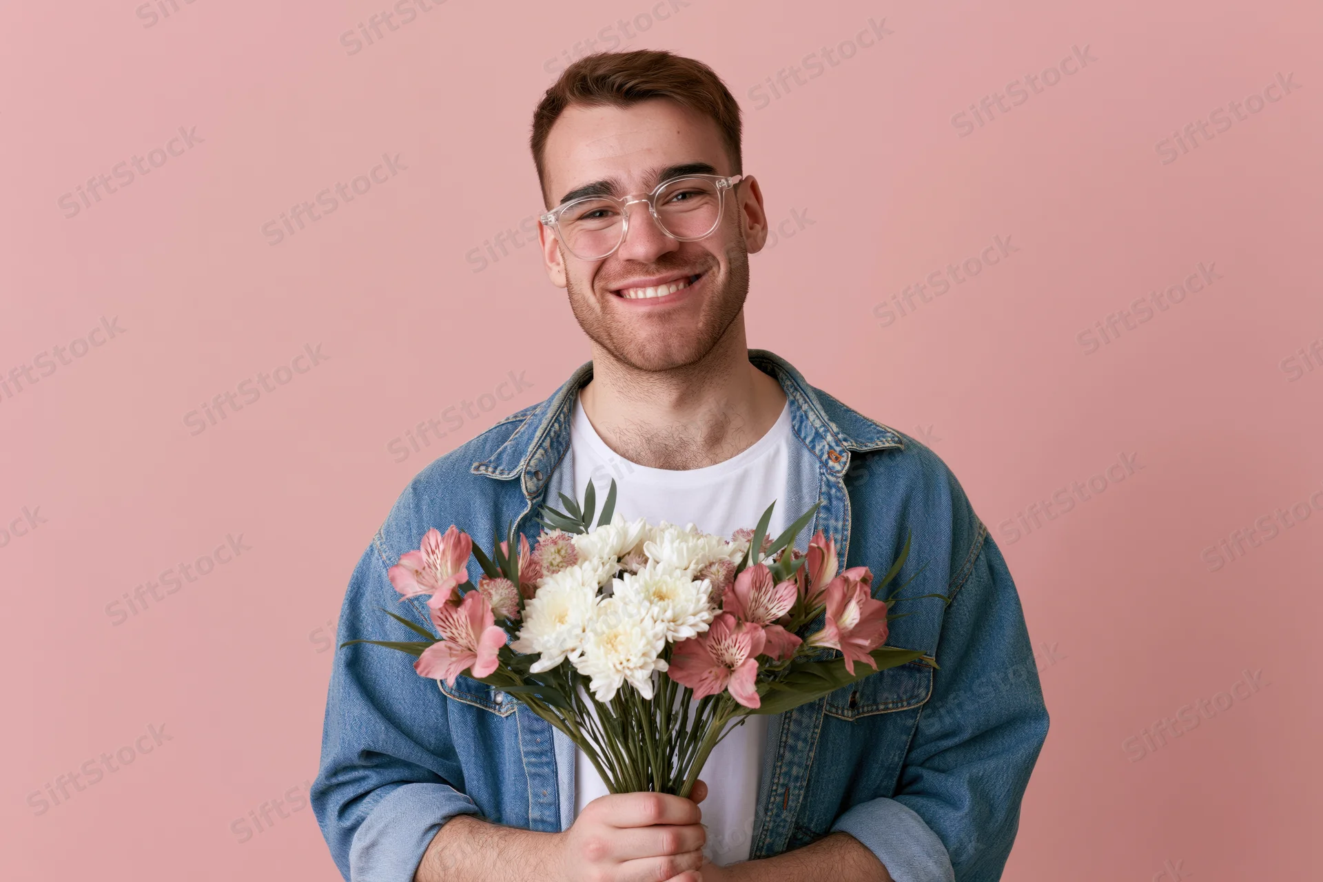 Young man smiling while holding a bouquet of pink and white flowers against a pink background
