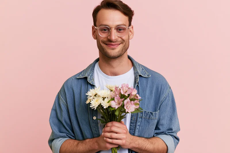 Young man smiling while holding a bouquet of pink and white flowers against a soft pink background