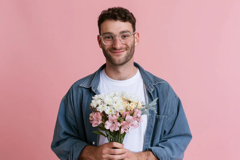 Young man smiling while holding a bouquet of pink and white flowers against a pink background